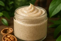 Body exfoliant in a jar in a forest setting