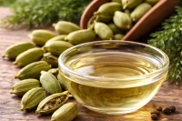 Cardamom pods in a scoop next to a bowl of cardamom essential oil