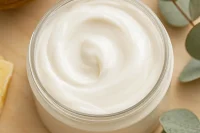 Glass jar of organic rich cream surrounded by botanical items showing the product origins