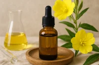 Evening primrose oil with evening primrose flowers and seeds