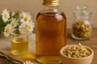 Chamomile infused oil in a glass bottle surrounded by dried and fresh chamomile flowers