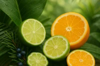 Assorted citrus fruit in a tropical setting
