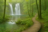 Path wandering through forest with a waterfall in the distance