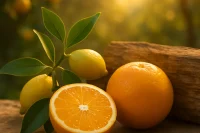 Citrus fruit on a timber log in a citrus grove
