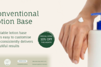 Lotion in a pump pot onto the back of a hand, with special price notification