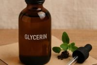 Organic POF glycerin in amber bottle in natural setting