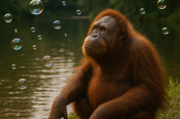 Orangutan by a river with bubbles