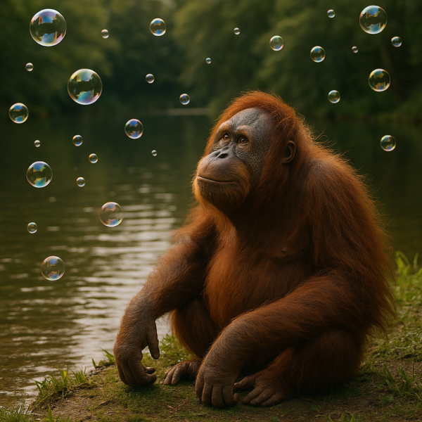 Orangutan by a river with bubbles