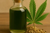 Dark green unrefined hemp seed oil in clear bottle with hemp seeds and hemp leaf