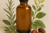 Organic jojoba oil in amber bottle with botanicals around it