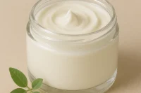 Rich cream base in clear glass jar