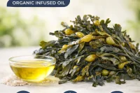 Pile of bladderwrack seaweed beside a bowl of infused oil