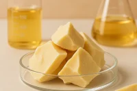 Cocoa butter in a petri dish on a lab bench