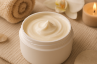 Cream base in a jar on a bench in a spa setting
