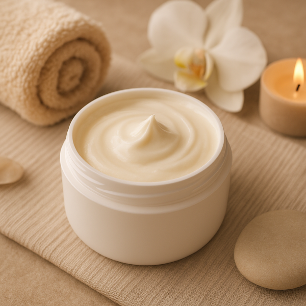 Cream base in a jar on a bench in a spa setting