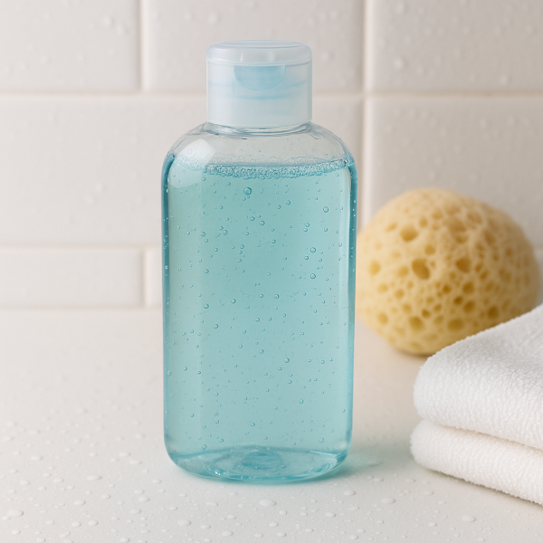 Shower gel in a bottle with sponge and towel