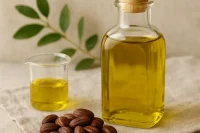 Golden jojoba oil with jojoba seeds and leaf