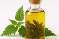 Nettle in oil in a glass bottle with nettle sprig behind