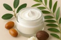 Organic light cream in glass jar with ingredients around it