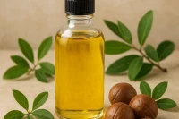 Macadamia oil in a clear bottle with nuts and leaves around it