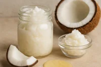 Liquid and solid coconut oil and coconut pieces
