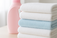 Fabric softener bottle next to a pile of folded towels