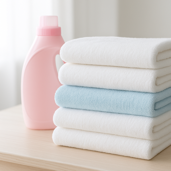 Fabric softener bottle next to a pile of folded towels