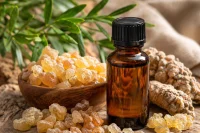 Frankincense resin in natural back ground with essential oil bottle
