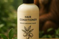 Hair Conditioner Moisturising Base Natural, Palm Oil Free bottle with argan kernels in the foreground and an orangutan in the back