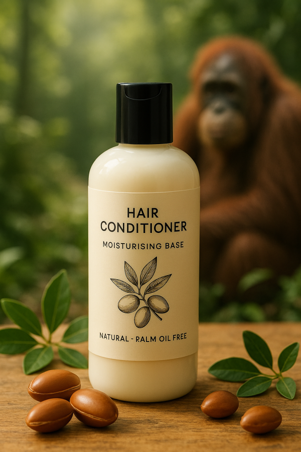 Hair Conditioner Moisturising Base Natural, Palm Oil Free bottle with argan kernels in the foreground and an orangutan in the back