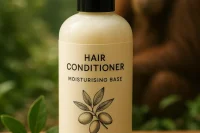 Hair Conditioner Moisturising Base Natural, Palm Oil Free bottle with argan kernels in the foreground and an orangutan in the back