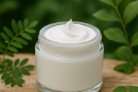 Light cream base in clear jar in natural setting