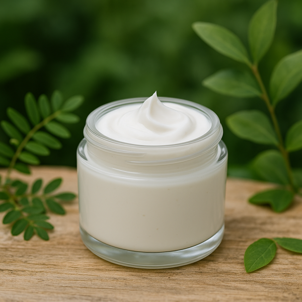 Light cream base in clear jar in natural setting