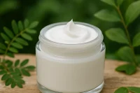 Light cream base in clear jar in natural setting