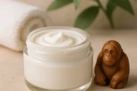 Clear glass jar of light cream base natural with carved orangutan to the side