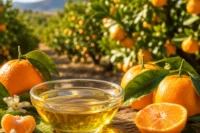 Oranges on a wooden surface in an orange grove