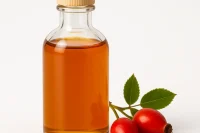 Clear glass bottle of deep golden-orange Organic Virgin Rosehip Oil with red rosehips and green leaves on a white background.