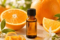 Sweet orange essential oil in an amber bottle amongst oranges, flowers and leaves