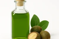 Clear glass bottle of green Organic Tamanu Oil with tamanu nuts and green leaves on a white background.