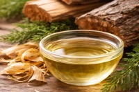 Cedarwood essential oil organic Cedrus atlantica oil in a bowl with logs and wood shavings