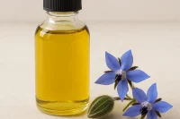 Borage oil in a glass bottle beside borage oil and seeds