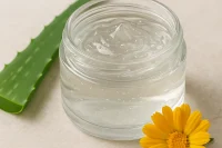 Gel base in glass jar with botanicals at the base