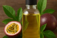 Golden Maracuja oil in glass bottle with passionfruit and leaves around