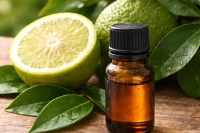 Bergamot natural blend oil with fresh bergamot fruit on timber