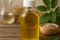 Chia Seed Oil with chia seeds in a natural setting
