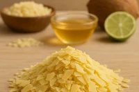 Carnauba wax flakes on a table with other ingredients