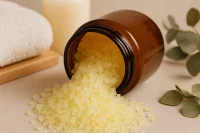 Spice of life bath salts cascading out of an amber glass jar