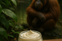 Orangutan in the background looking at the body butter in the jar in the foreground