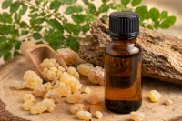 Frankincense boswellia essential oil on a stump with resin and plant material