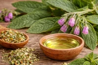 Comfrey herbal extract with fresh Symphytum officinale leaves and botanical ingredients